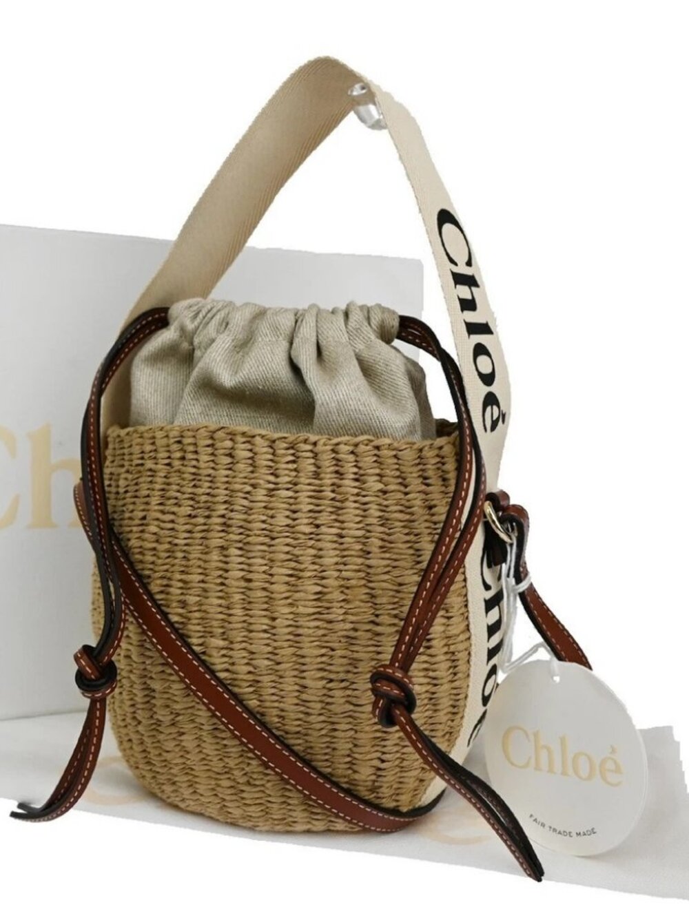 CHLOE Woody Small Basket Shoulder Hand Bag 2Way Canvas Leather Paper